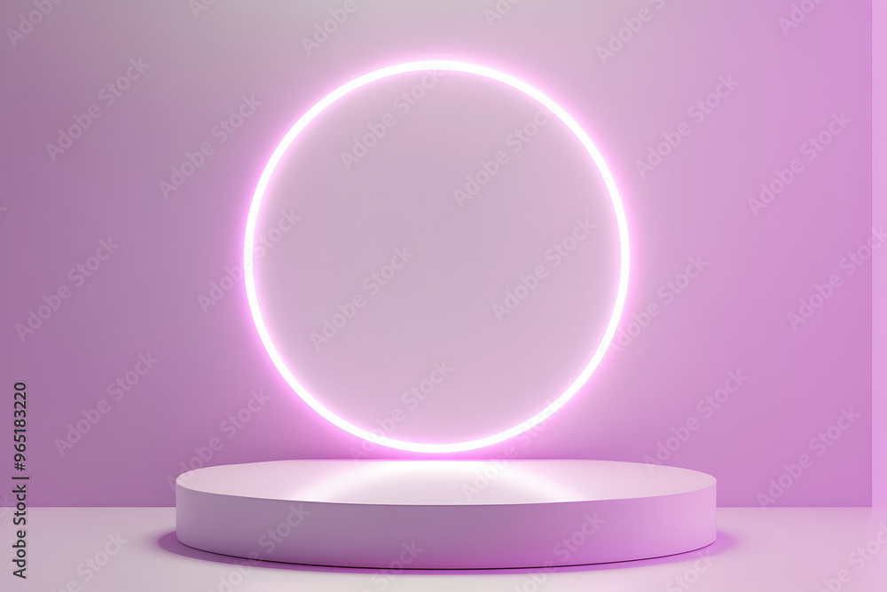 Abstract pink neon light circle above platform. Abstract pink neon light circle above platform.