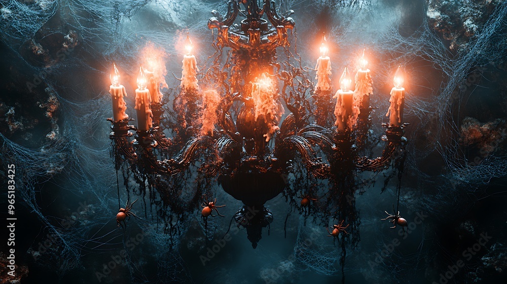 Naklejka premium A gothic chandelier hanging in a dark, moody room, draped in black lace and fake cobwebs with plastic spiders hanging from the arms. The chandelier's flickering candles cast soft, eerie shadows,