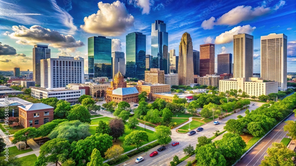 Fototapeta premium Houston's cityscape combines sleek modern skyscrapers with historic landmarks, set amidst a tapestry of lush green spaces and a brilliant blue Texas sky.