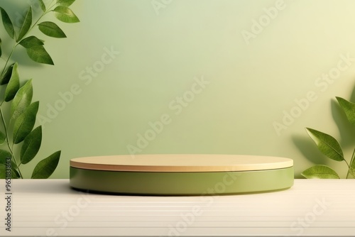 Green podium plant leaf table.