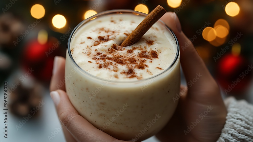 A hands-on shot of someone holding a glass of coquito, topped with a cinnamon stick, with softly blurred holiday decorations and glowing lights in the background. Cozy, festive lighting, hd quality, A hands-on shot of someone holding a glass of coquito, topped with a cinnamon stick, with softly blurred holiday decorations and glowing lights in the background. Cozy, festive lighting, hd quality,