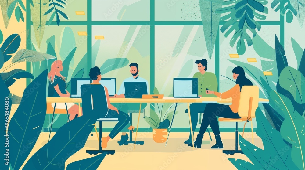 Modern Office Illustration with Team Collaborating in a Green Workspace Modern Office Illustration with Team Collaborating in a Green Workspace