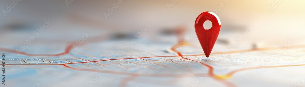 Abstract city map model with a red location pin, illustrating navigation and location concepts in a blurred background Abstract city map model with a red location pin, illustrating navigation and location concepts in a blurred background