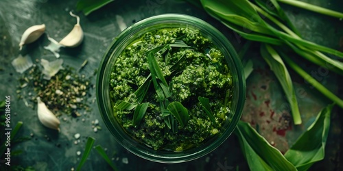 Pesto crafted from freshly foraged wild garlic leaves. photo