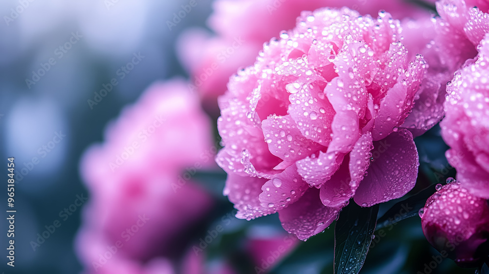 Pink peonies visible through glass covered in water droplets with a sunset glow Pink peonies visible through glass covered in water droplets with a sunset glow