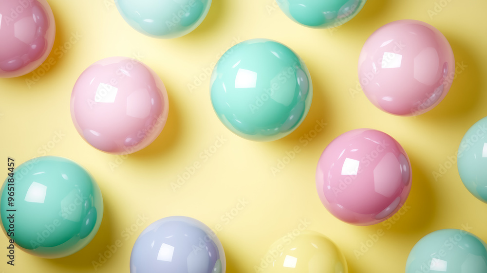 Pastel paint bubbles in mint green pink and lavender floating on a soft yellow background 