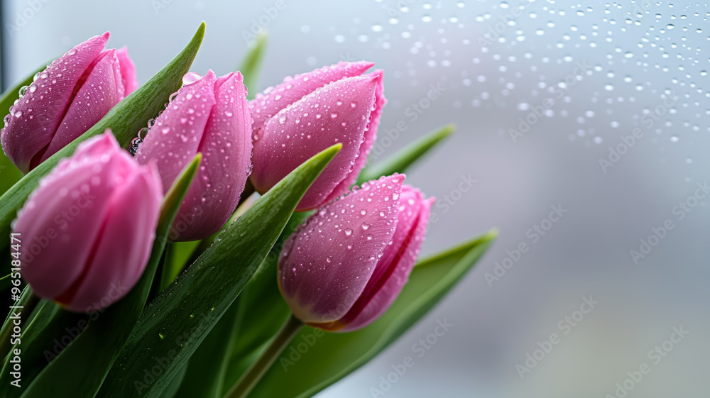 Pink tulips against a misty window covered in water droplets Pink tulips against a misty window covered in water droplets