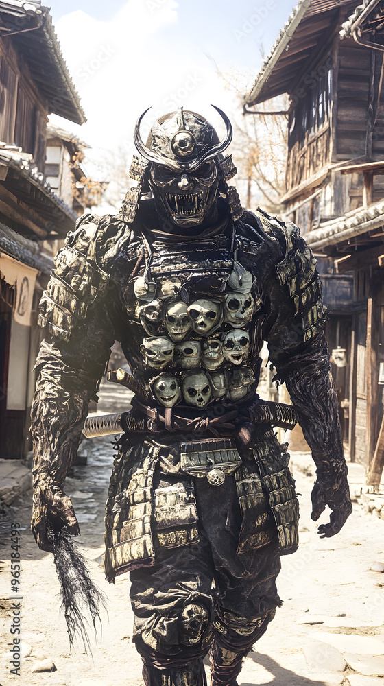 Obraz premium A samurai wearing menacing armor made from oni material, with a helmet, walking through an Edo period town during bright daylight