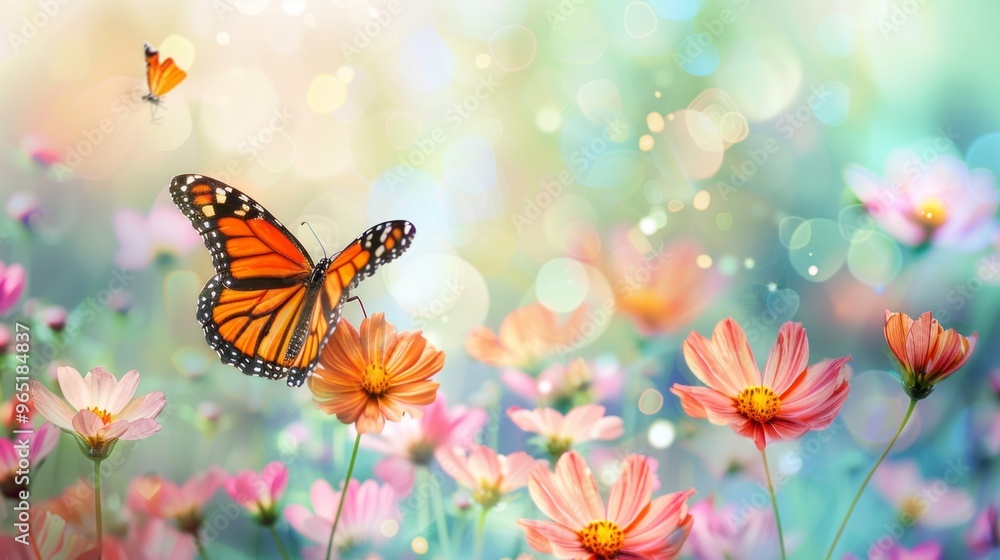 Monarch butterfly resting on a vibrant flower in a natural garden setting, close-up of butterfly wings with intricate patterns, surrounded by colorful flowers in bloom, nature-inspired scene perfect f Monarch butterfly resting on a vibrant flower in a natural garden setting, close-up of butterfly wings with intricate patterns, surrounded by colorful flowers in bloom, nature-inspired scene perfect f