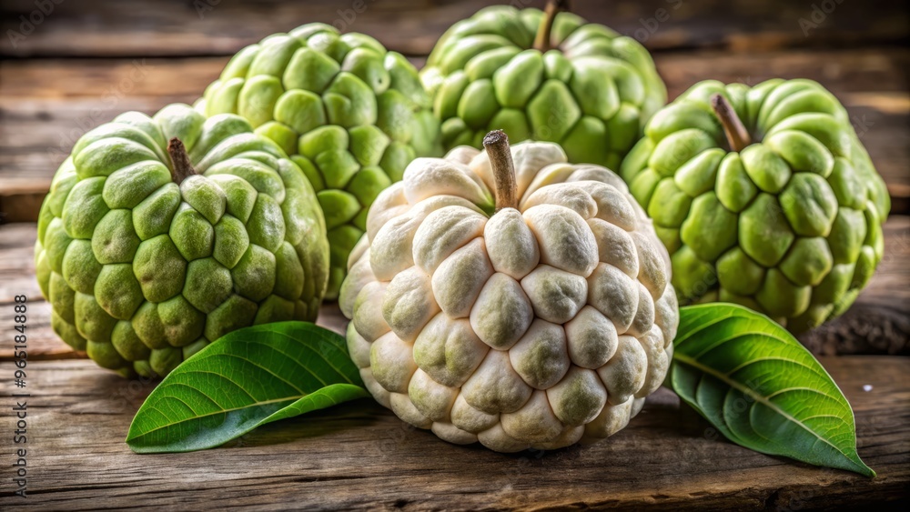 Perfectly ripened sugar apples with their smooth green exteriors and creamy white centers rest on a distressed wooden Perfectly ripened sugar apples with their smooth green exteriors and creamy white centers rest on a distressed wooden