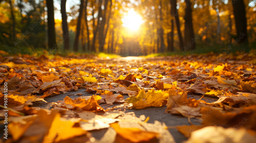 Sunlit path covered in autumn leaves with trees fading softly in the background Sunlit path covered in autumn leaves with trees fading softly in the background