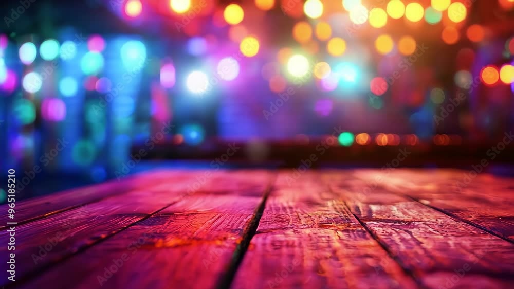 Vibrant Bokeh Lights Over Wooden Surface in Nightclub Ambience Vibrant Bokeh Lights Over Wooden Surface in Nightclub Ambience