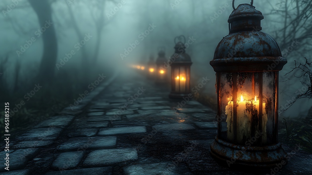 A hauntingly beautiful walkway lined with glowing candles in rusted, weathered lanterns, casting long shadows on the cobblestone path. A dense fog surrounds the area, A hauntingly beautiful walkway lined with glowing candles in rusted, weathered lanterns, casting long shadows on the cobblestone path. A dense fog surrounds the area,