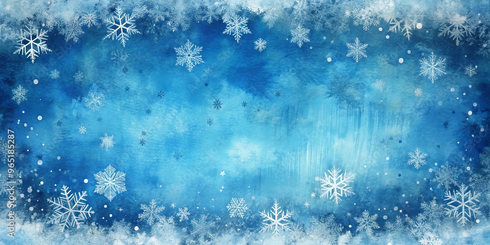 Fototapeta premium Winter Wonderland Watercolor Blue Sky with Falling Snowflakes, Watercolor, Snowflakes, Blue, White, winter, holiday