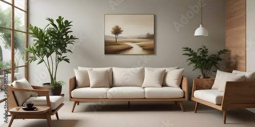 A modern living room with a large beige sofa, a wooden coffee table, and a landscape painting on the wall. The room has a minimalist and cozy feel