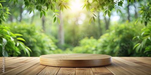 Wooden Platform on Green Blurred Background, Product Display, Mockup, Nature, Summer, Nature, Background photo