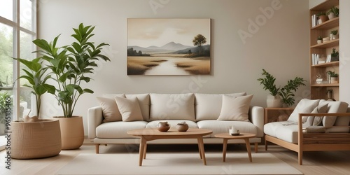 A modern living room with a large beige sofa, a wooden coffee table, and a landscape painting on the wall. The room has a minimalist and cozy feel