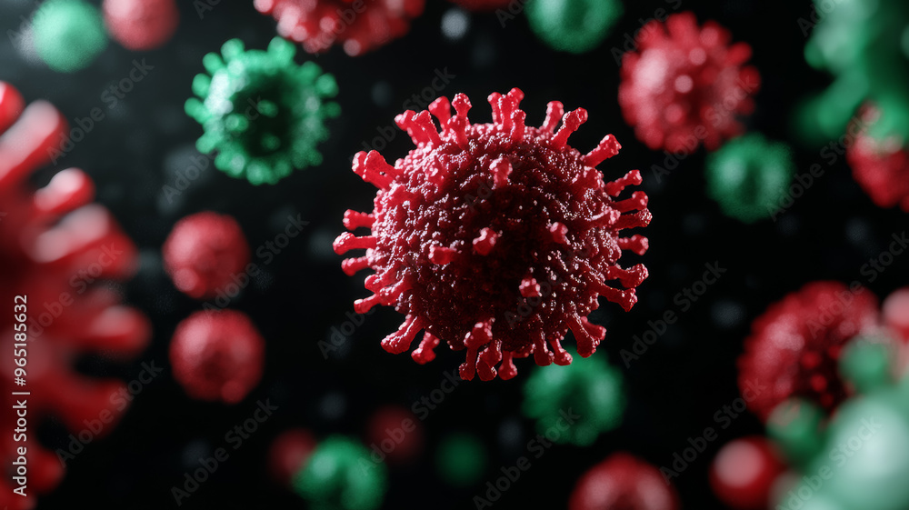 Virus particles with textured surfaces in bright reds and greens under a microscope on a black background Virus particles with textured surfaces in bright reds and greens under a microscope on a black background