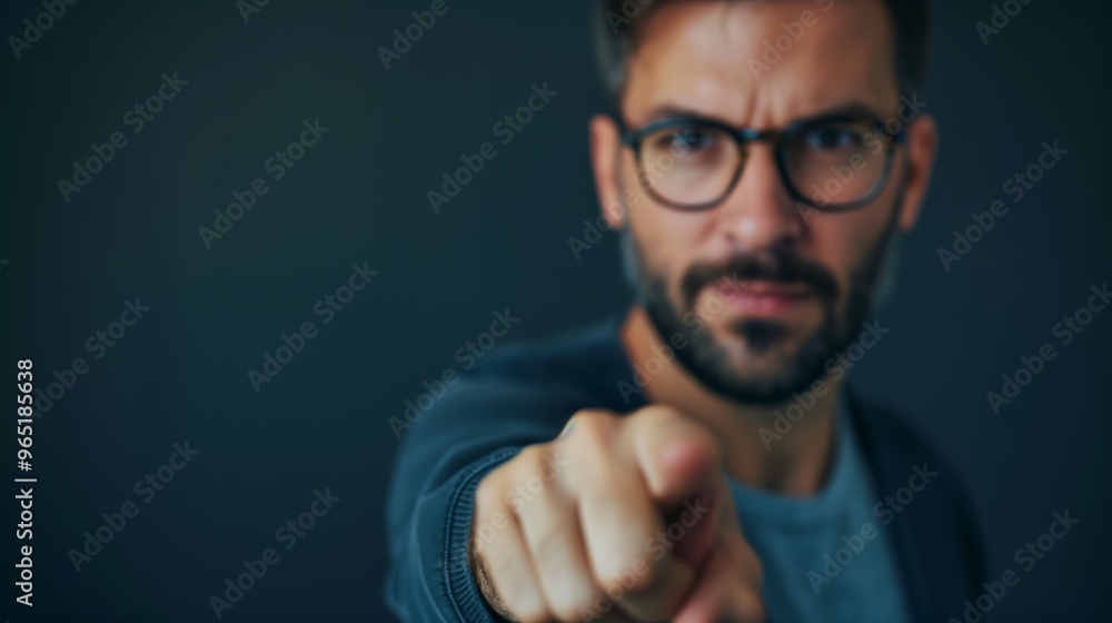 Determined Man Pointing Directly at Camera - Close-Up Photograph with Blurred Background Determined Man Pointing Directly at Camera - Close-Up Photograph with Blurred Background