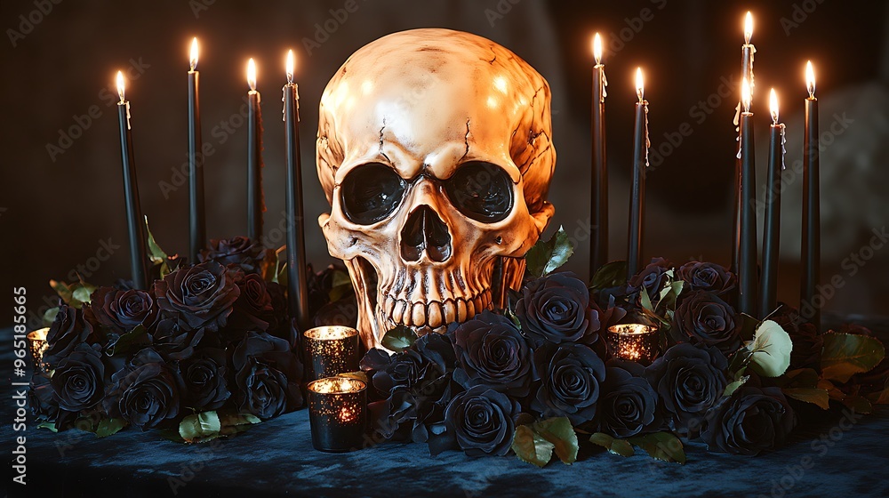 A moody skull centerpiece with dark, wilted roses and tall black candles surrounding it. The skull is hyper-detailed, and the flickering candlelight casts eerie shadows across the scene, A moody skull centerpiece with dark, wilted roses and tall black candles surrounding it. The skull is hyper-detailed, and the flickering candlelight casts eerie shadows across the scene,