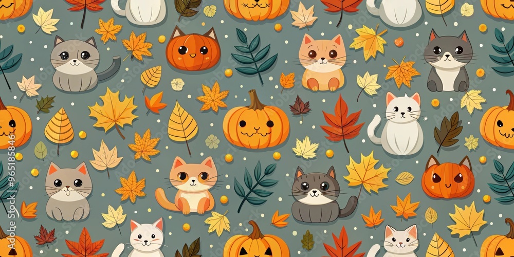 Seamless Halloween pattern featuring cute cats, pumpkins, and autumn leaves, Halloween, seamless, pattern, cute cats Seamless Halloween pattern featuring cute cats, pumpkins, and autumn leaves, Halloween, seamless, pattern, cute cats