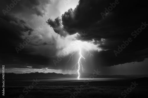 Lightning over the field. Landscape with thunderbolt striking