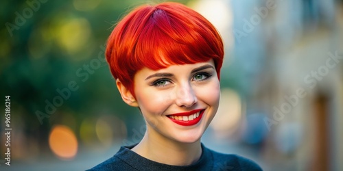 Radiant red locks crown her regal demeanor, as a beaming smile illuminates her features, showcasing a dynamic blend