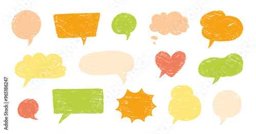 Crayon talk speech balloon frame doodle vector. Hand drawn crayon doodle speech cloud bubble set. Chalk texture sketch text talk cloud balloon frame background. Vector illustration.
