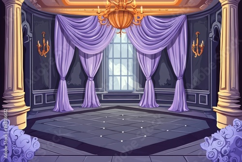 Cartoon Fairy Tale Royal Ballroom, Lavender Drapes, Charcoal Walls, L-Shaped Floor
