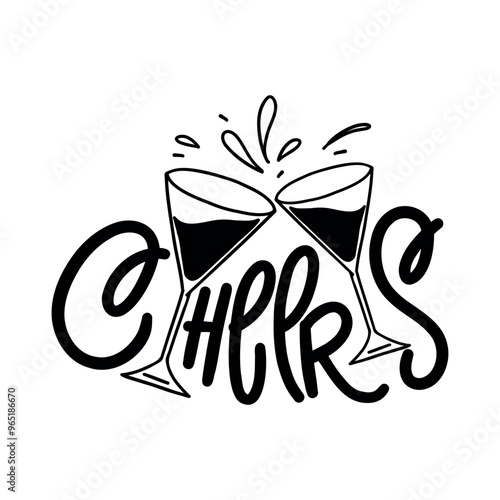 Hand-drawn lettering with the phrase "Cheers to a Fresh Start" featuring two clinking glasses, symbolizing celebration and new beginnings. Perfect for New Year’s designs, greeting cards, and event inv