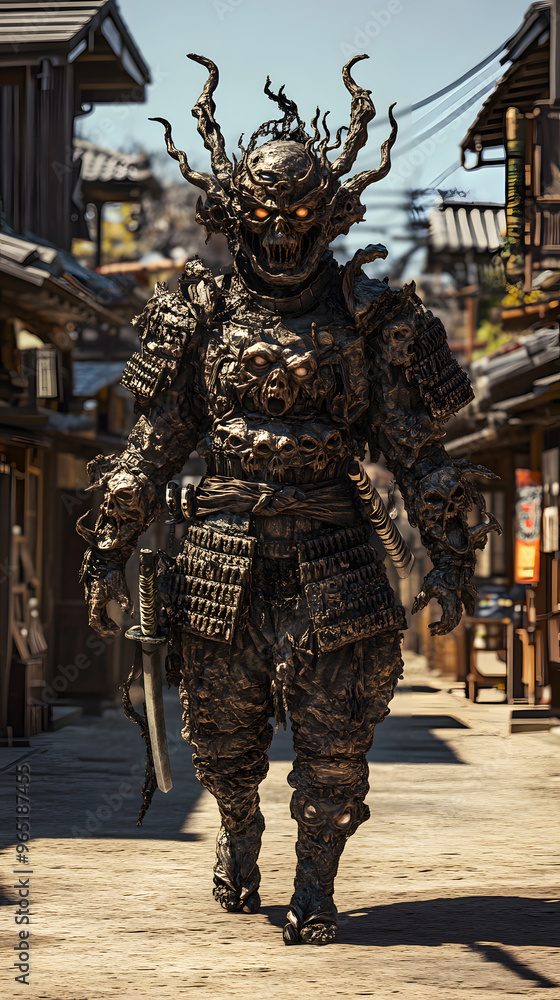 Fototapeta premium A samurai wearing menacing armor made from oni material, with a helmet, walking through an Edo period town during bright daylight