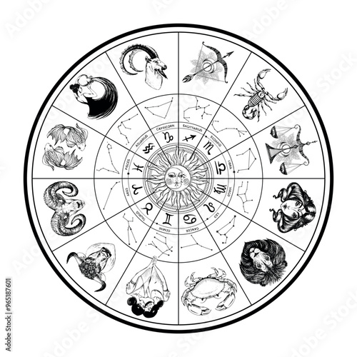 Astrological wheel with zodiac signs, hand drawn signs, symbols and constellations, beautiful star chart blanks, vintage line vector illustration. Modern Zodiac card.