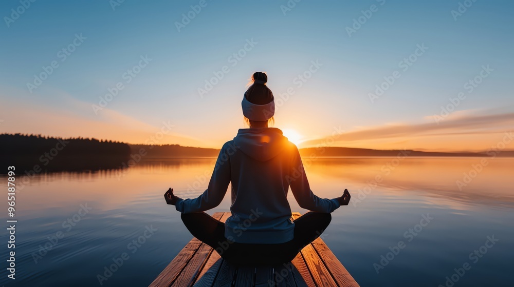 A serene moment of meditation on a dock at sunrise, with calm water and nature's beauty surrounding the peaceful figure. A serene moment of meditation on a dock at sunrise, with calm water and nature's beauty surrounding the peaceful figure.