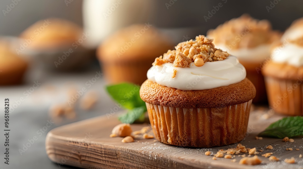 Delicious cupcake topped with creamy frosting and crunchy nuts, ideal for desserts and sweet treats. Delicious cupcake topped with creamy frosting and crunchy nuts, ideal for desserts and sweet treats.