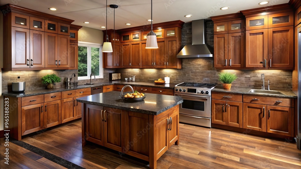 Fototapeta premium Rustic brown cabinets imbue warmth, while sleek black granite countertops provide a sharp contrast, paired with modern