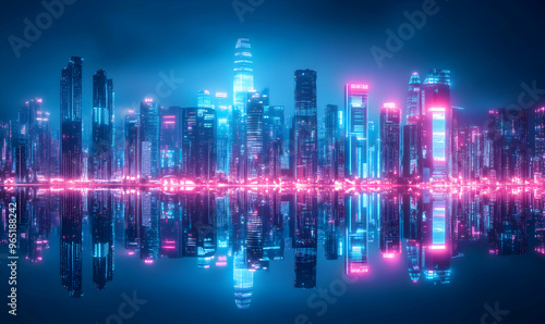 Futuristic cityscape with neon lights reflecting in the water.