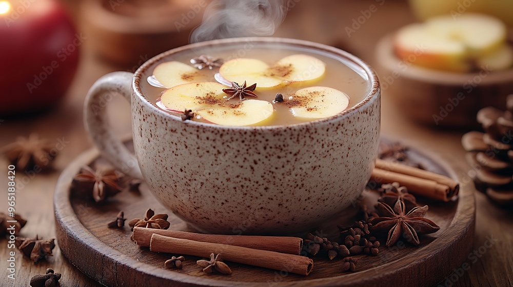 A steaming mug of traditional wassail, with floating apple slices and cinnamon sticks, surrounded by holiday spices like cloves and star anise. The background is a softly lit rustic kitchen, A steaming mug of traditional wassail, with floating apple slices and cinnamon sticks, surrounded by holiday spices like cloves and star anise. The background is a softly lit rustic kitchen,
