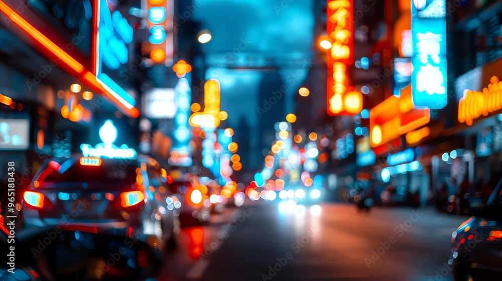 Blurred of city street at night, illuminated by colorful neon lights and bustling traffic, creating a lively urban atmosphere. Blurred of city street at night, illuminated by colorful neon lights and bustling traffic, creating a lively urban atmosphere.