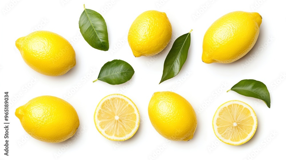 Fresh lemons with green leaves arranged beautifully on a white background, perfect for cooking, cocktails, or decoration. Fresh lemons with green leaves arranged beautifully on a white background, perfect for cooking, cocktails, or decoration.