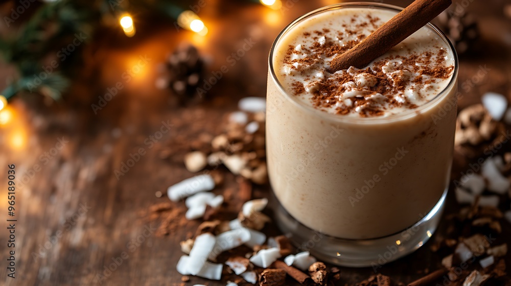 A top-down view of a glass of coquito on a wooden table, garnished with a cinnamon stick and surrounded by coconut flakes and cinnamon powder. A top-down view of a glass of coquito on a wooden table, garnished with a cinnamon stick and surrounded by coconut flakes and cinnamon powder.