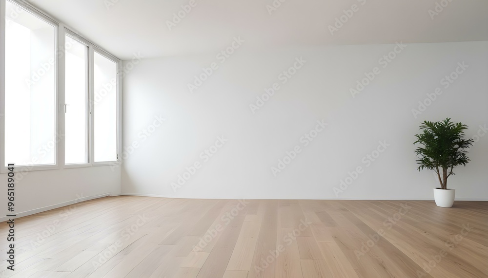 Obraz premium Empty room with white walls and wooden floor, minimal and clean interior design.