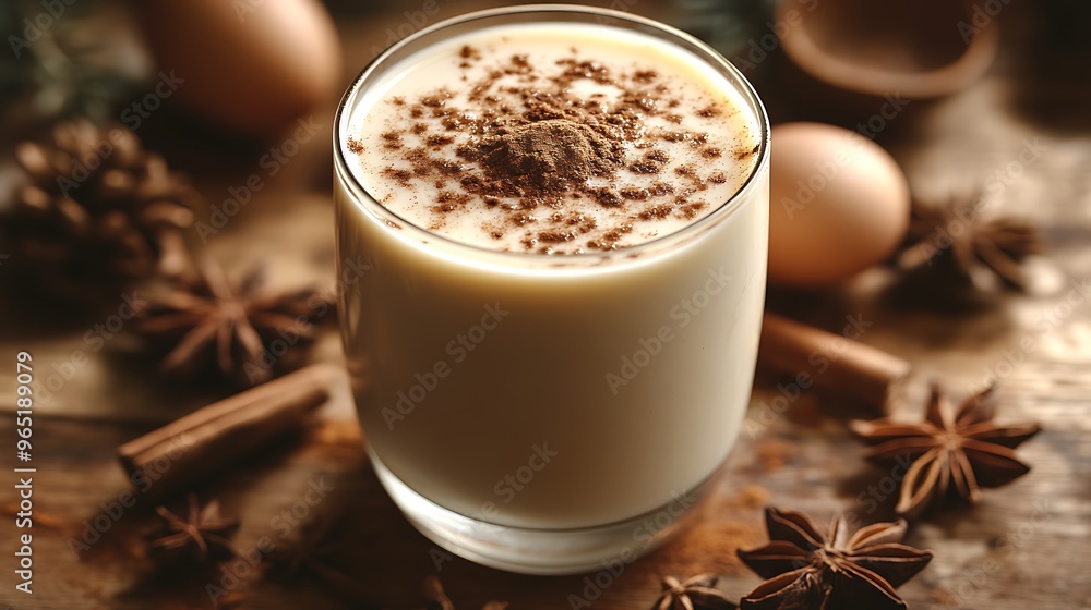 A top-down view of a glass of eggnog on a wooden table, topped with cinnamon and nutmeg, surrounded by holiday spices. Natural light filtering through a nearby window adds soft shadows, A top-down view of a glass of eggnog on a wooden table, topped with cinnamon and nutmeg, surrounded by holiday spices. Natural light filtering through a nearby window adds soft shadows,
