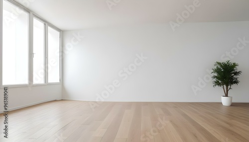 Empty room with white walls and wooden floor, minimal and clean interior design.