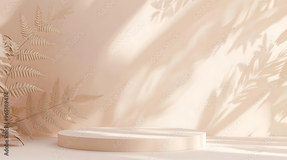 Serene Minimalist Composition with Fern Leaves on Soft White Background, Bright Lighting on Light Peach Podium Serene Minimalist Composition with Fern Leaves on Soft White Background, Bright Lighting on Light Peach Podium