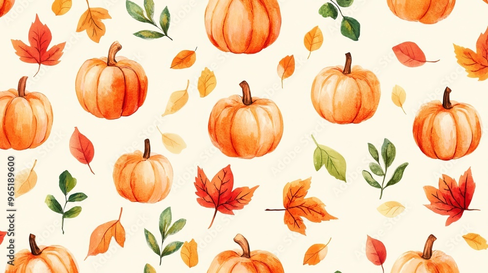 Vibrant watercolor pattern featuring pumpkins and autumn leaves on a cream background, perfect for wrapping paper, web designs, and Thanksgiving décor. Vibrant watercolor pattern featuring pumpkins and autumn leaves on a cream background, perfect for wrapping paper, web designs, and Thanksgiving décor.