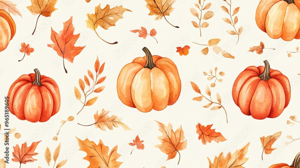 Vibrant watercolor pattern featuring pumpkins and autumn leaves on a cream background, perfect for wrapping paper, web designs, and Thanksgiving décor. Vibrant watercolor pattern featuring pumpkins and autumn leaves on a cream background, perfect for wrapping paper, web designs, and Thanksgiving décor.