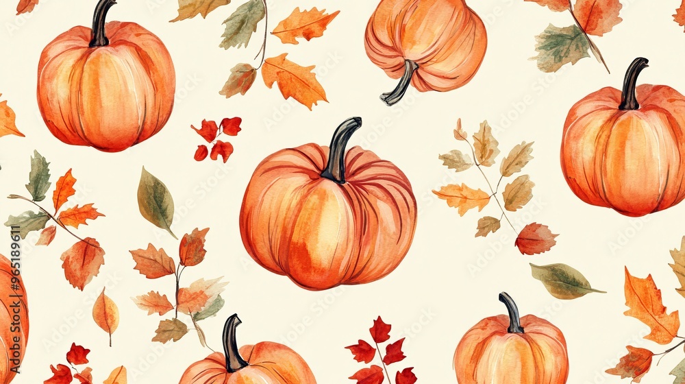 Vibrant watercolor pattern featuring pumpkins and autumn leaves on a cream background, perfect for wrapping paper, web designs, and Thanksgiving décor. Vibrant watercolor pattern featuring pumpkins and autumn leaves on a cream background, perfect for wrapping paper, web designs, and Thanksgiving décor.
