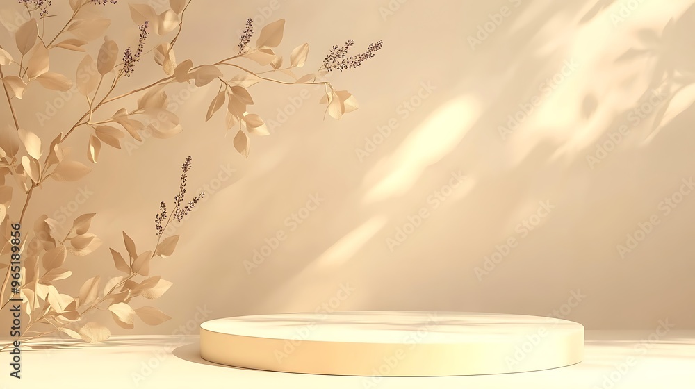 Serene 3D Rendering of Minimal Light Taupe Background with Beige and Lavender Leaves in Bright Room with Morning Light, Isolated on Soft Yellow Podium Serene 3D Rendering of Minimal Light Taupe Background with Beige and Lavender Leaves in Bright Room with Morning Light, Isolated on Soft Yellow Podium
