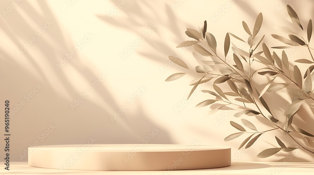 Tranquil 3D Rendering of Ivory Background with Olive Tree Leaves in Morning Sunlight on Lavender Podium Tranquil 3D Rendering of Ivory Background with Olive Tree Leaves in Morning Sunlight on Lavender Podium