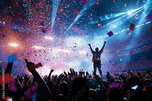 A sea of ecstatic fans cheers wildly as an artist steps into the spotlight, surrounded by dazzling lights and cascading confetti. photo